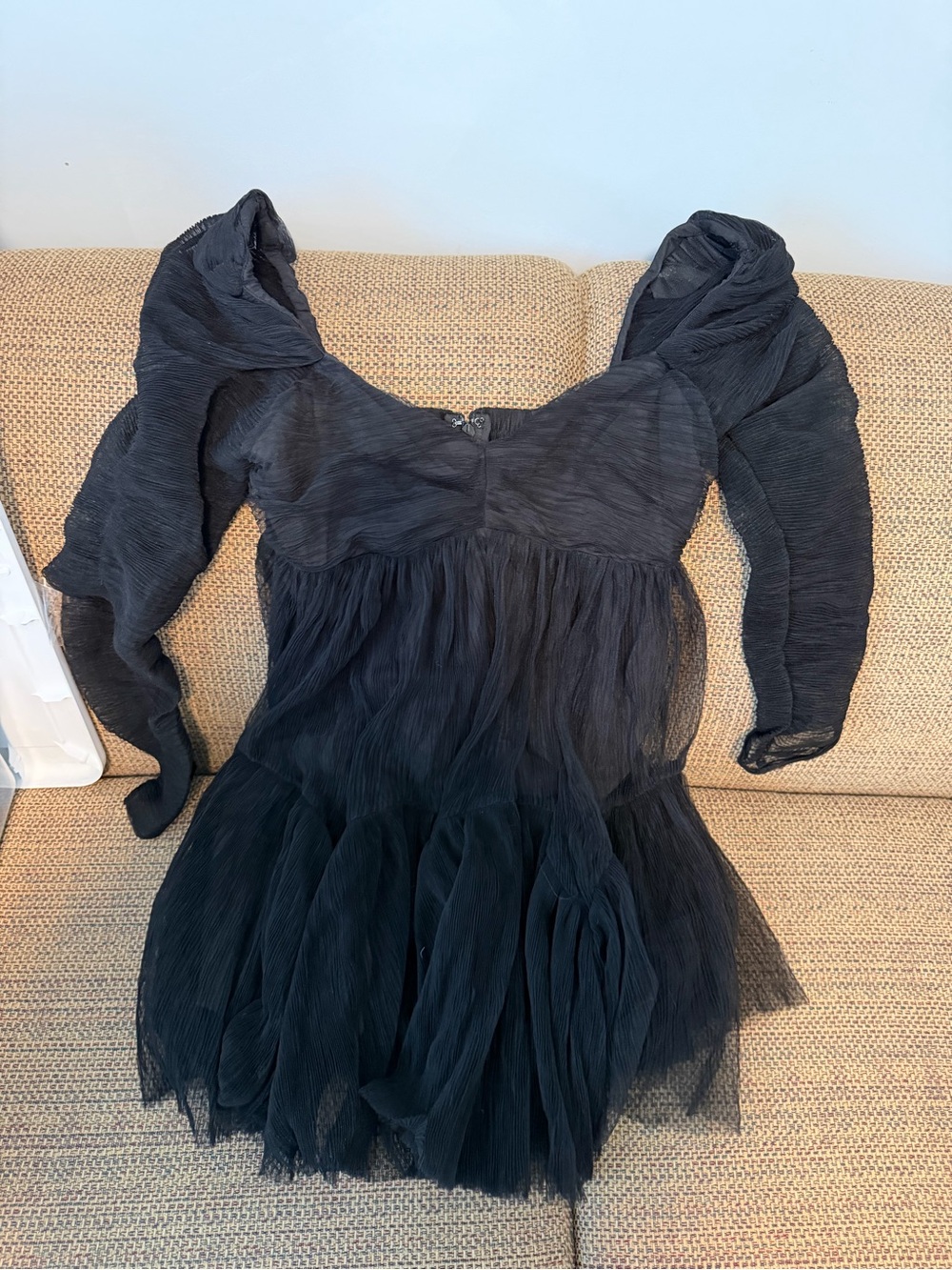 Black Pleated Long-Sleeve Tulle Mini Dress